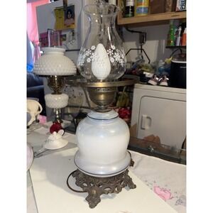 Vintage Gone With The Wind Electric Hurricane Lamp 18" Blue Rose Iridescent Base